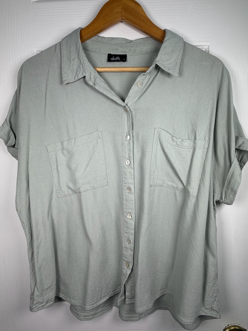 Dotti Sage Linen Blend Button-Down Shirt Size 12 Relaxed Fit Utility Coastal